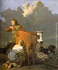 Cow Canvas Paintings - Woman Milking a Red Cow